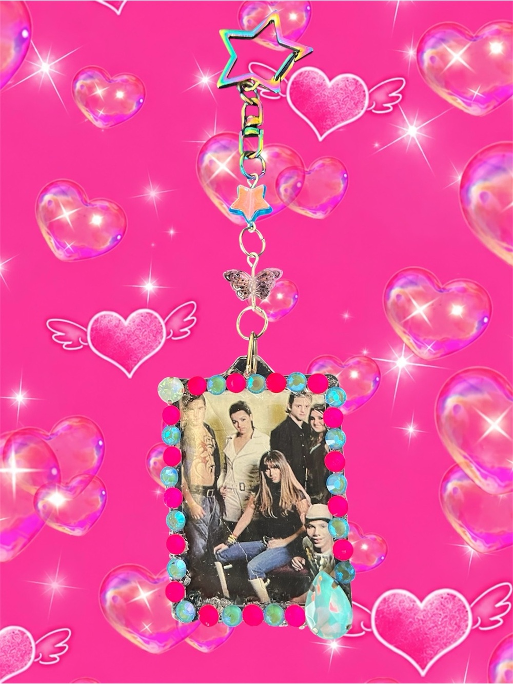 Custom Rhinestone Photo Keychain — Hot Pink & Aqua rebelde